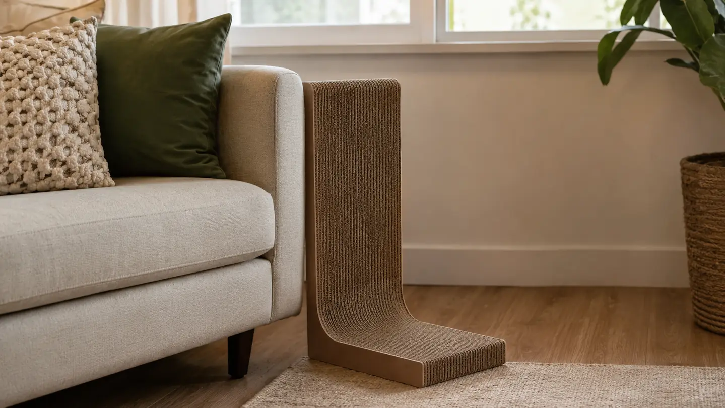 A tidy living room corner where an upright cardboard scratch pad stands next to a sofa, the couch arm clean and undamaged, warm daylight
