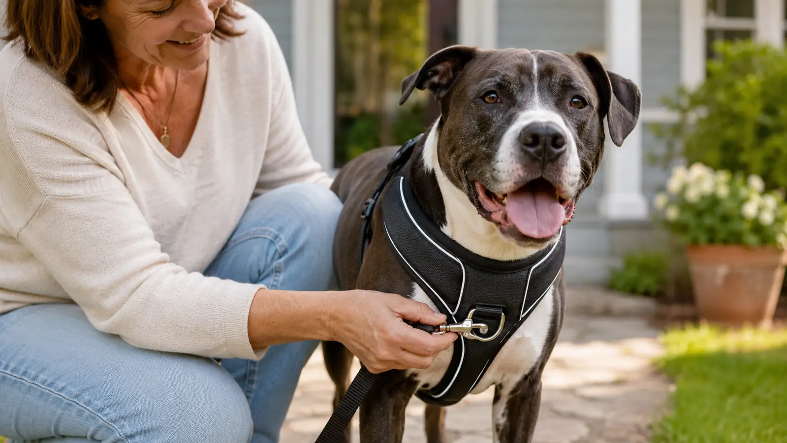 Close view of a padded no-pull harness on a dog, front leash clip connected to the leash