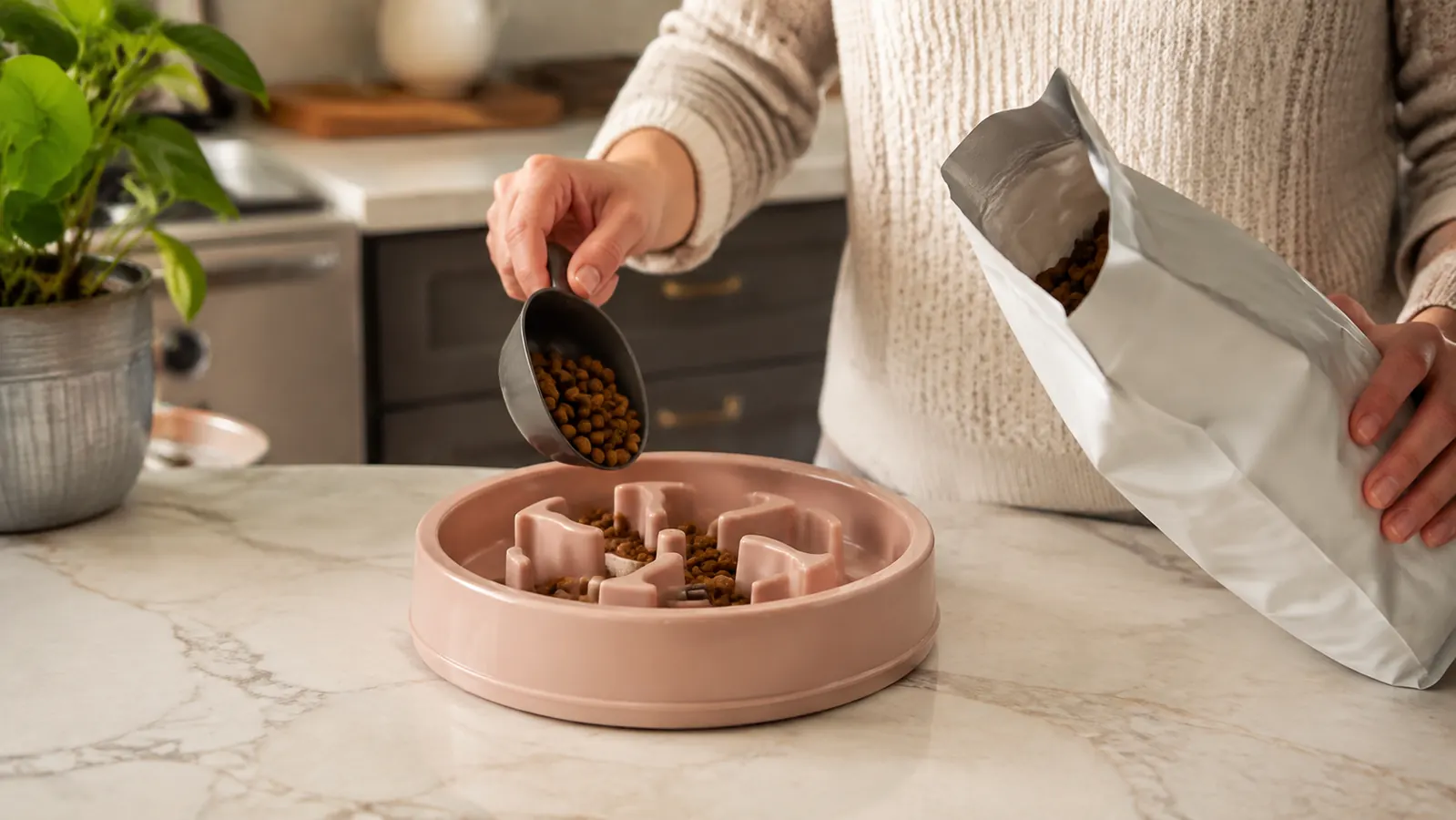 A hand scooping dry kibble from a bag into a slow feeder maze bowl