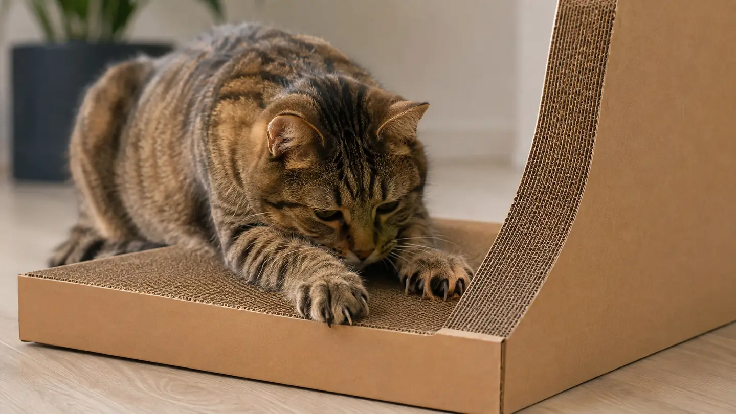 A cat lying low and raking its front claws across the horizontal base panel of a cardboard scratching board, claws sunk into the corrugated surface