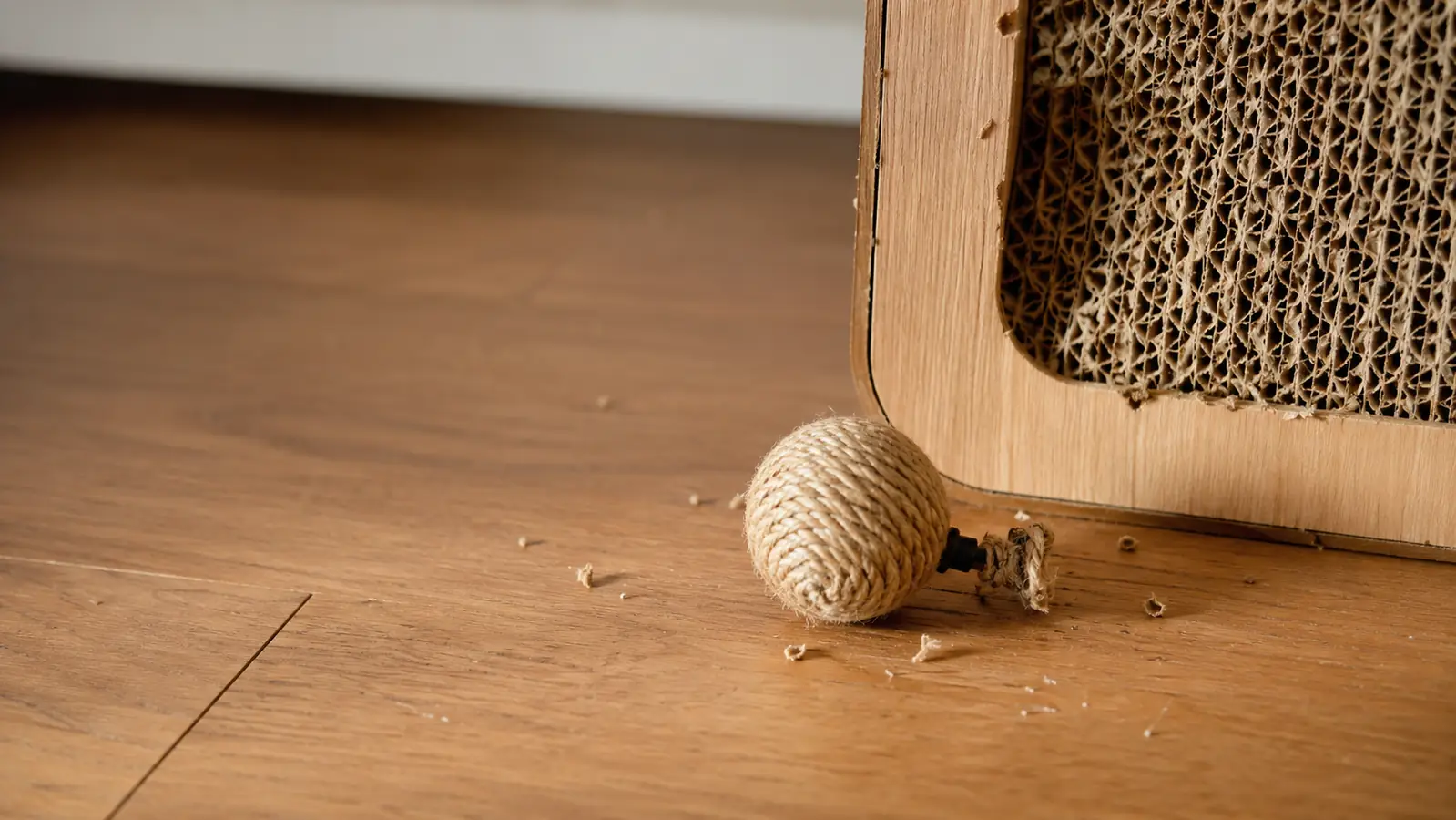A small round toy ball that has come off its mounting lying on a wood floor near the base of a cardboard scratching board