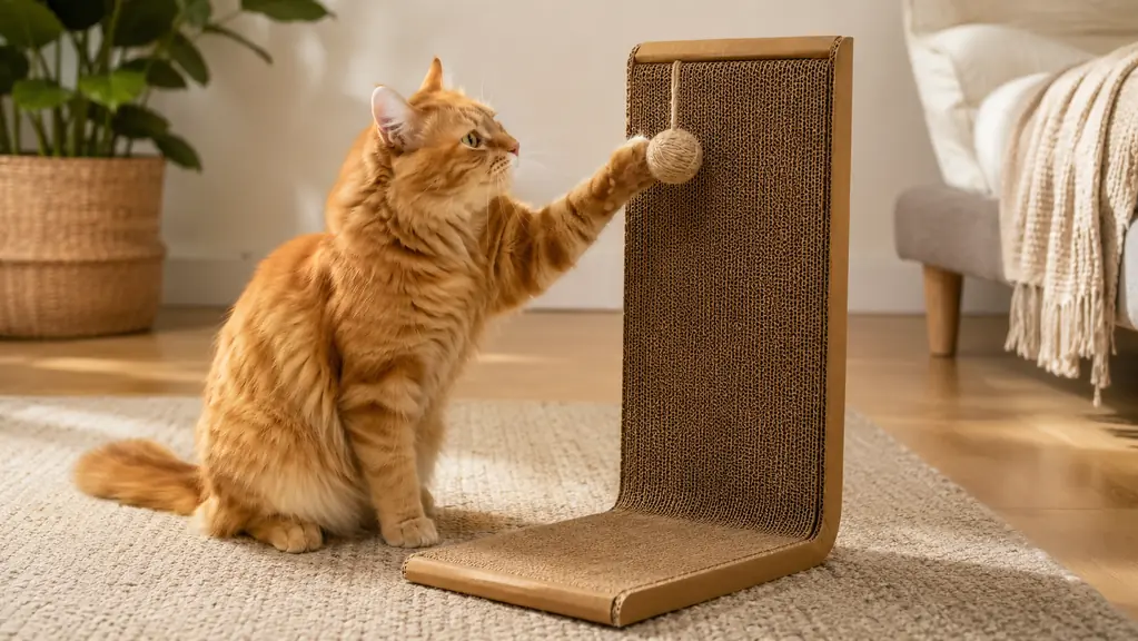 An indoor cat sitting beside the L-shaped cardboard scratcher, one paw batting at a small hanging ball at the top of the vertical board