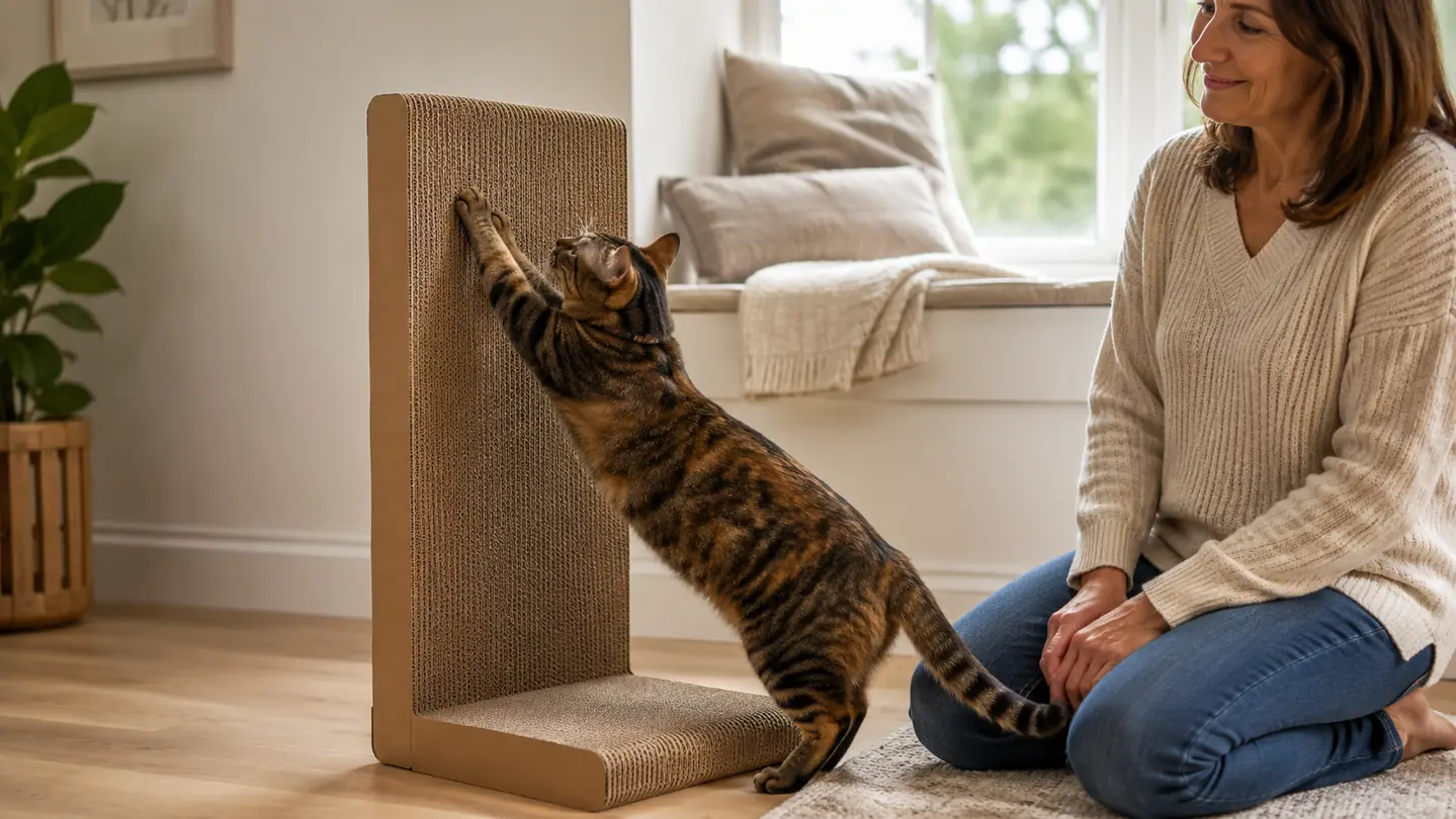 A cat stretching up against an L-shaped cardboard scratch pad, front paws working the corrugated surface