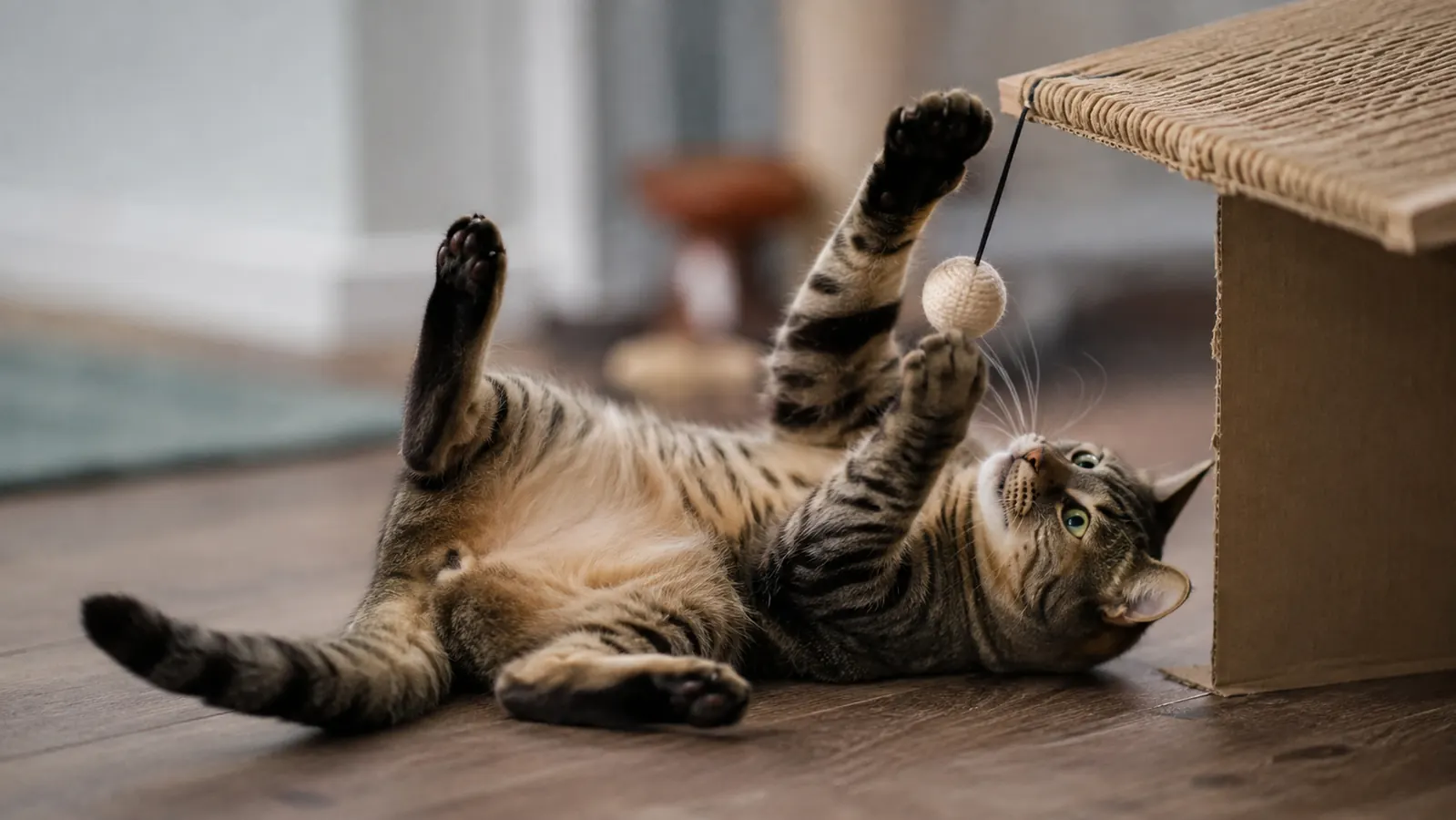 A cat lying on the floor batting at a small dangling ball fixed to the corner of a cardboard scratch pad
