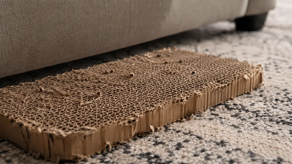 A close-up of loose shredded cardboard fibers and a worn corrugated scratch surface on a rug beside furniture, soft light