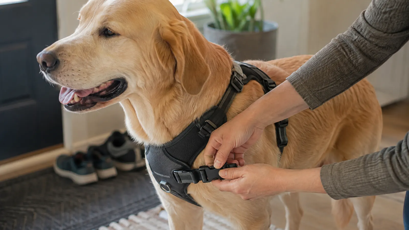 A person's hands adjusting the padded chest strap of the no-pull harness on a large dog standing calmly before a morning walk