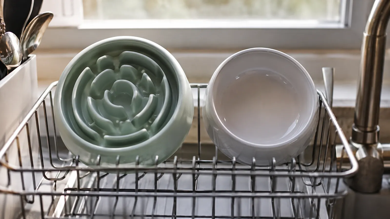A clean slow feeder bowl air-drying in a dish rack beside the sink next to an ordinary dog bowl