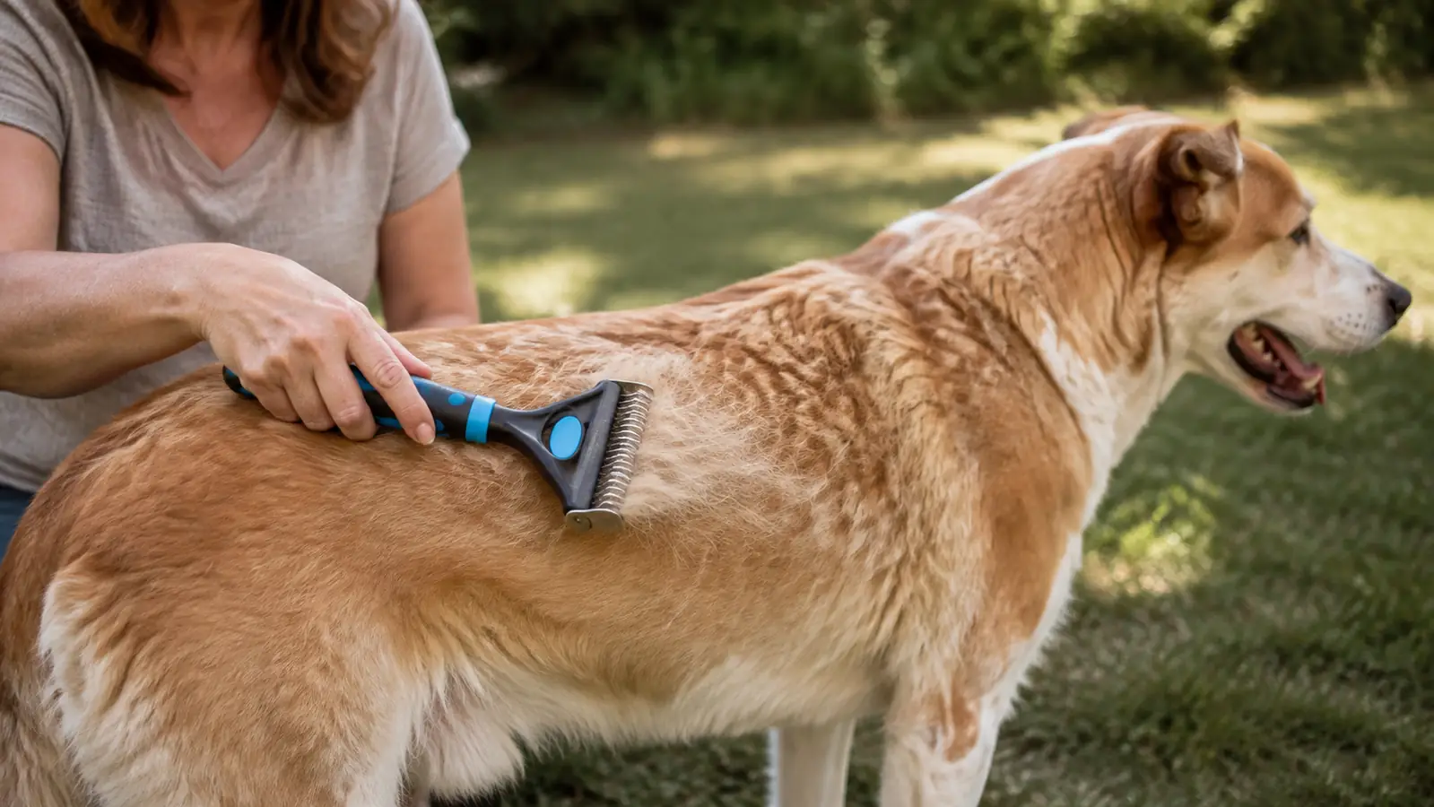 A hand drawing a double-sided undercoat rake through a dog's back fur outside