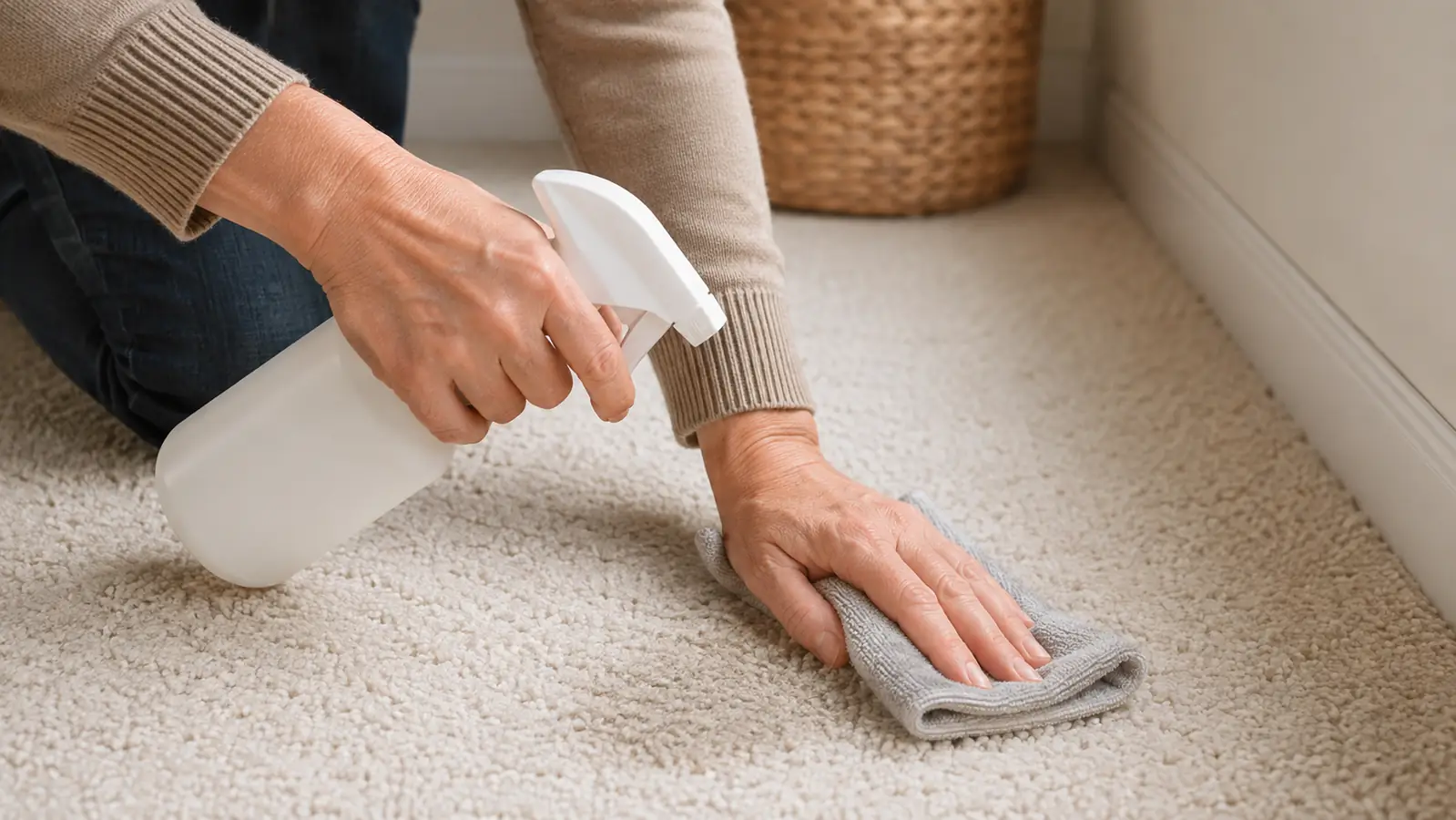 A hand spraying a pet stain and odor eliminator onto a corner of light carpet and pressing the liquid into the fibers with a cloth