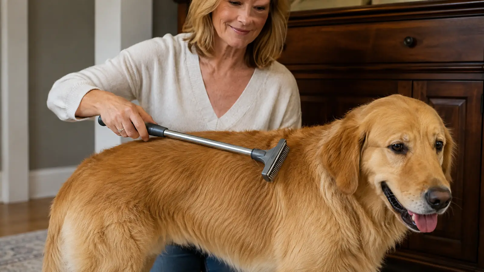 A person running the long metal deshedding rake handle over a dog's back in short strokes while the dog stands still