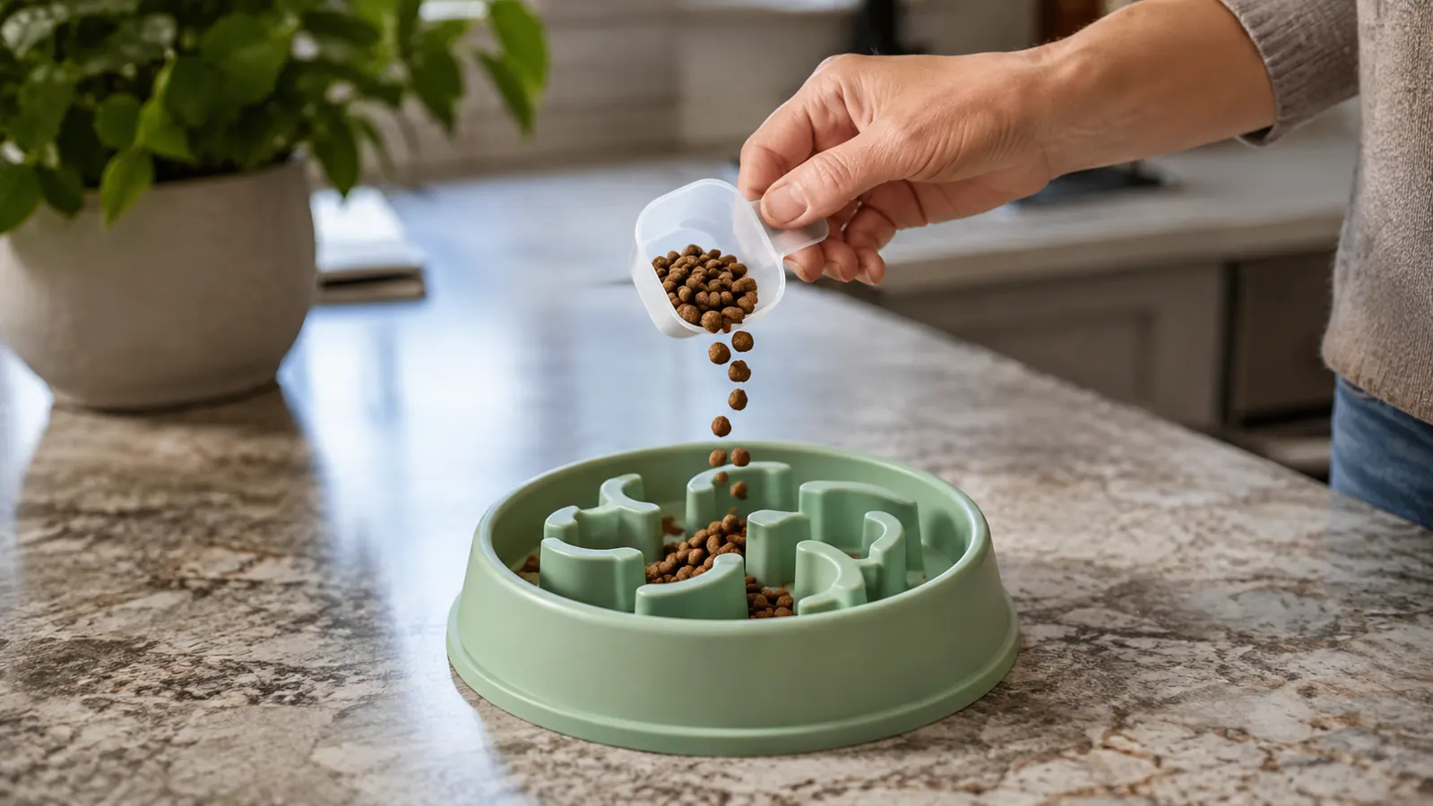 A hand sprinkling a measured scoop of kibble into an empty maze-style slow feeder bowl on a counter