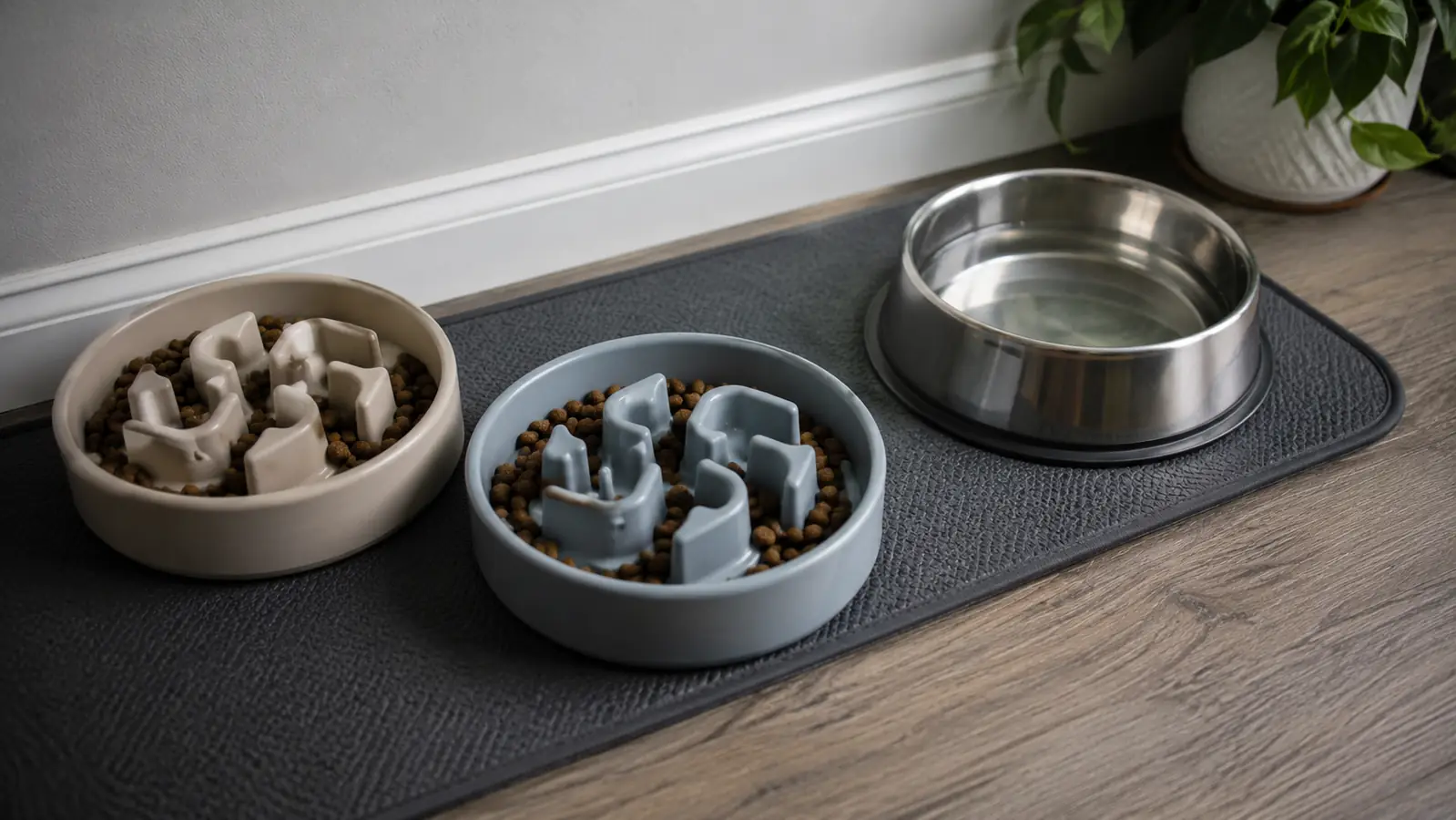 Two maze-style slow feeder bowls sitting side by side on a non-slip rubber mat, ready for the next meal