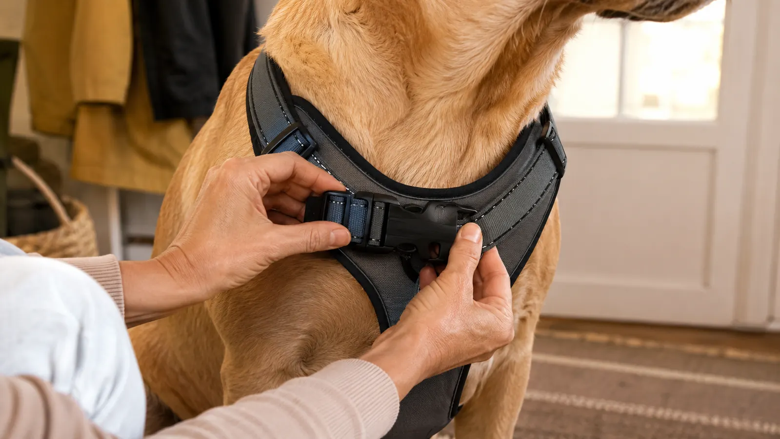 Close-up of hands adjusting the padded straps of a no-pull harness on a large dog's chest before a walk