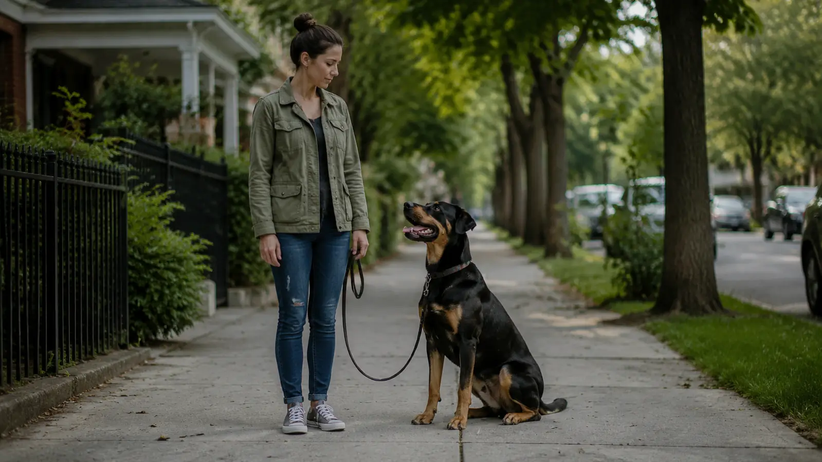 A person standing still and calm on a sidewalk while a large dog waits patiently at their side with slack in the leash