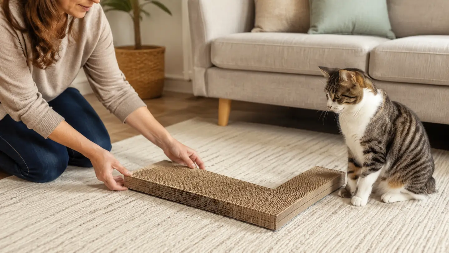 A person's hand guiding a cardboard sisal scratch mat toward an alert cat on a rug, setting it up on the floor during training