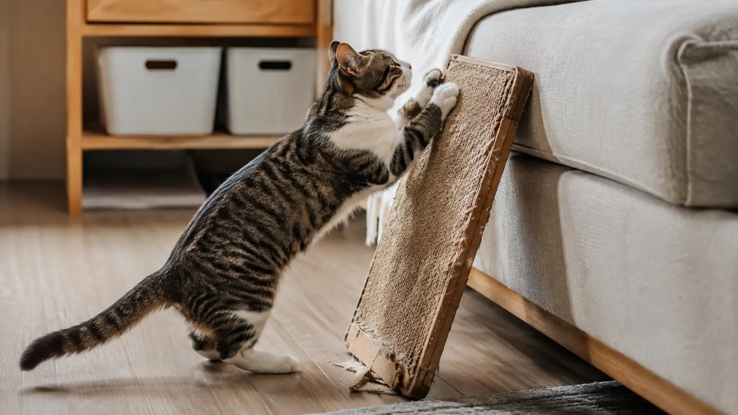 A cat on its hind legs scratching a sisal cardboard pad leaning against a piece of furniture, pawprints of use visible on the pad