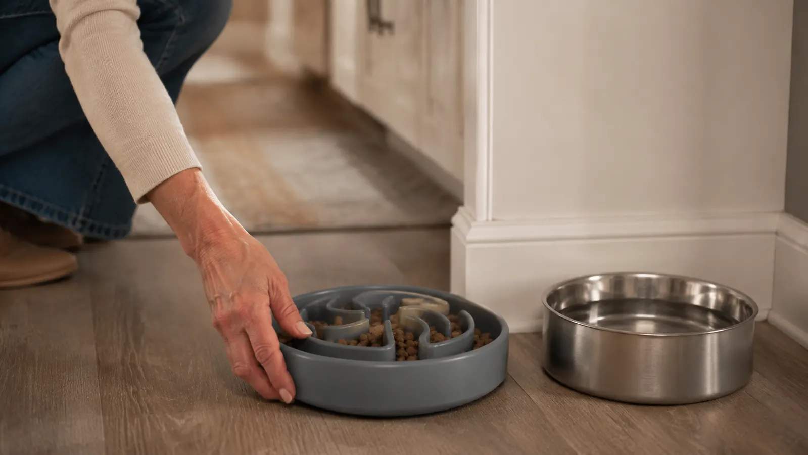 A hand setting a slow feeder maze bowl with kibble on the floor beside a stainless water bowl