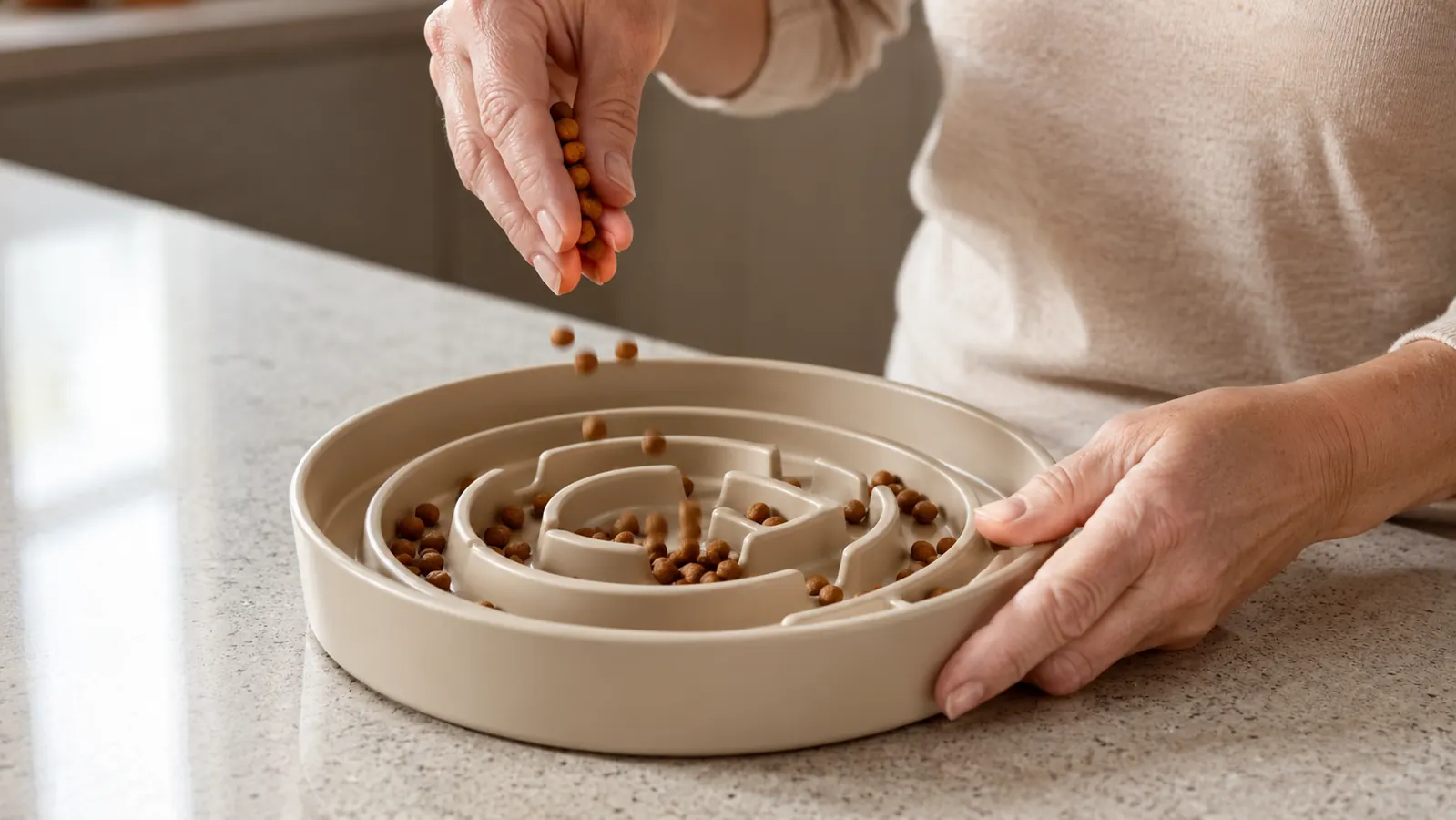 A hand sprinkling dry kibble into a wide shallow maze slow feeder bowl held on a kitchen counter