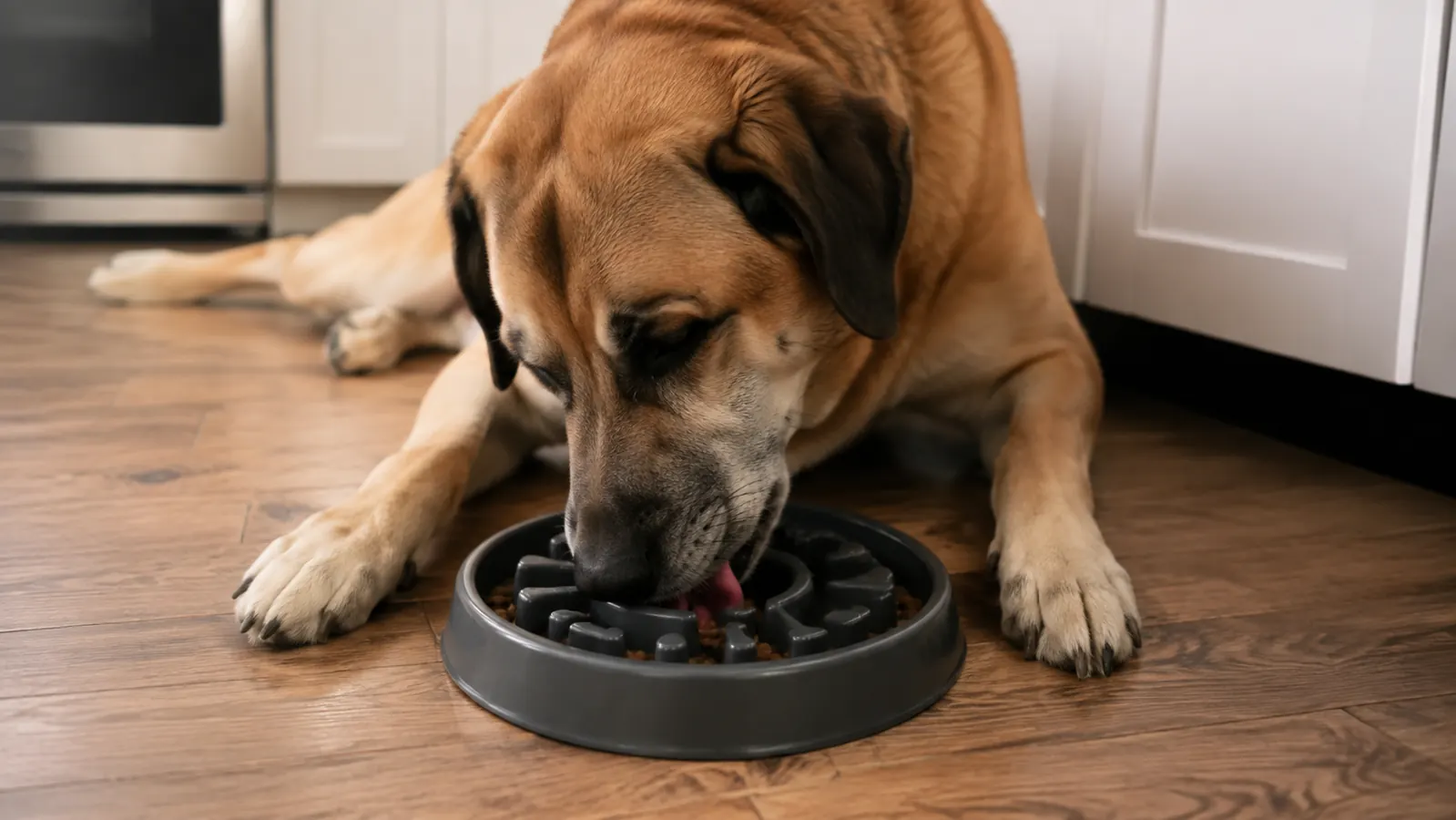 A large dog lying on a kitchen floor eating slowly from a wide maze slow feeder bowl, tongue working kibble out of a ridge