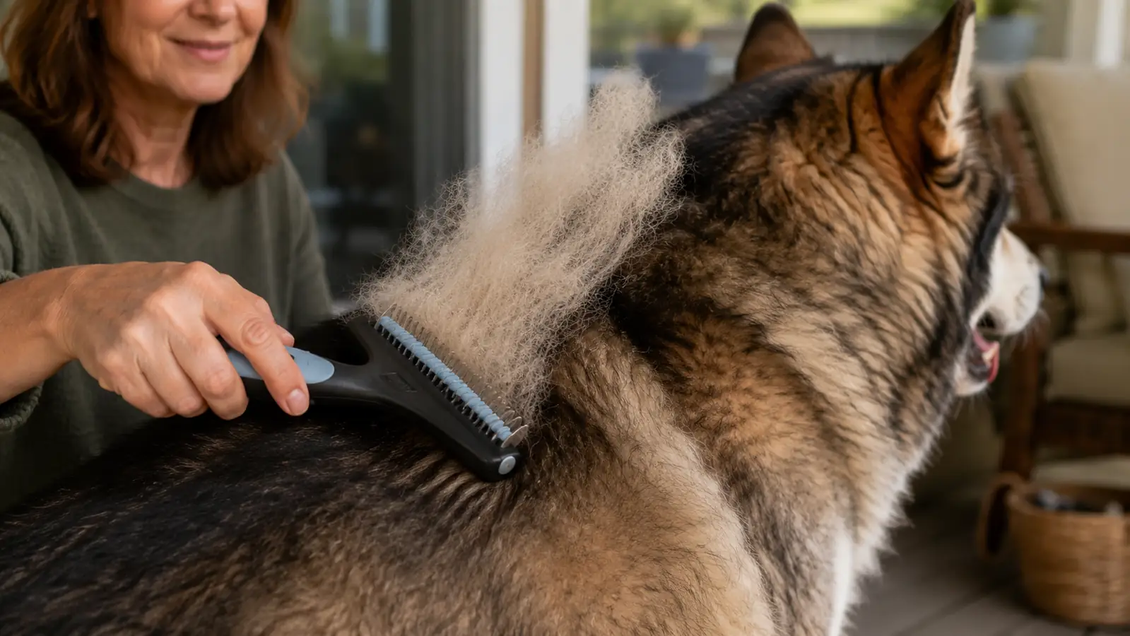 A hand sweeping the wide double-sided grooming rake down the back of a large dog, loose undercoat lifting off the coat