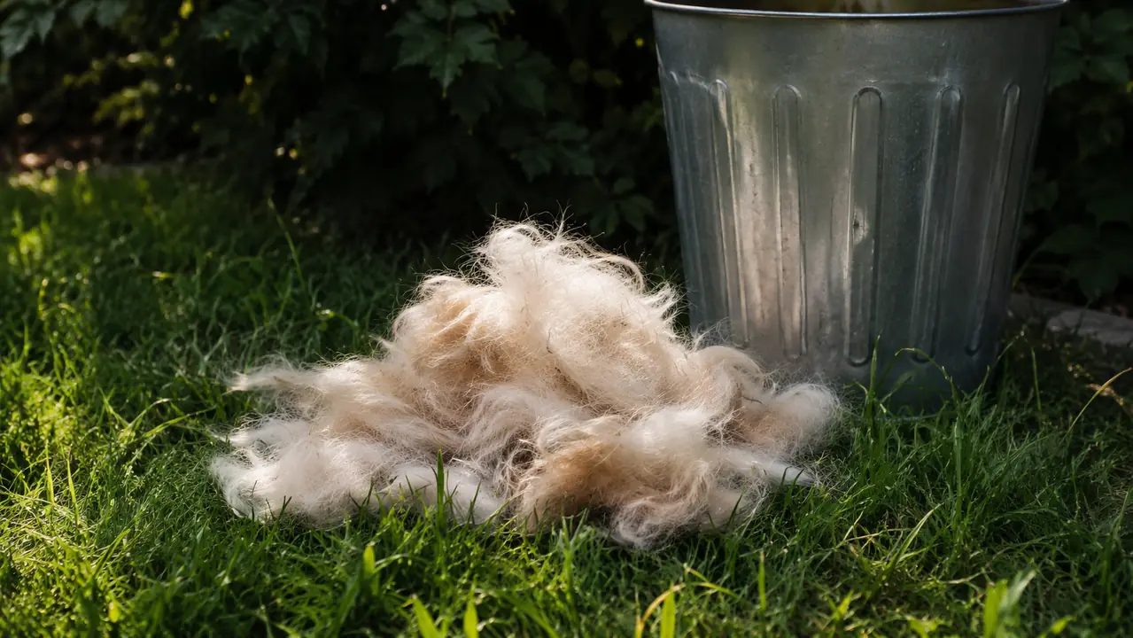 A drift of brushed-out undercoat fur lying in the grass beside a yard bin after a grooming session