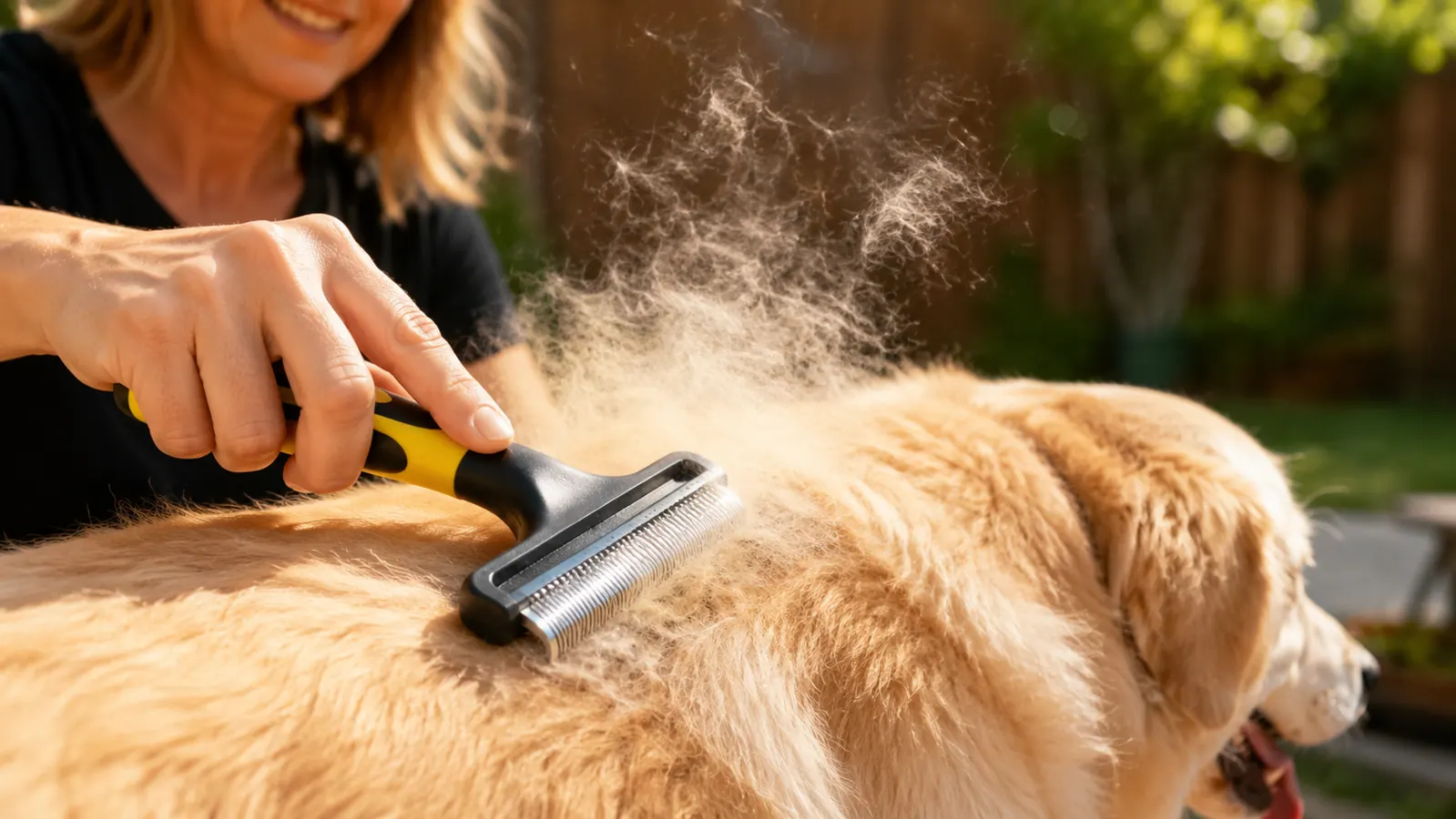 A close view of a hand drawing a wide double-sided grooming rake through a dog's back, loose undercoat lifting out in a visible haze