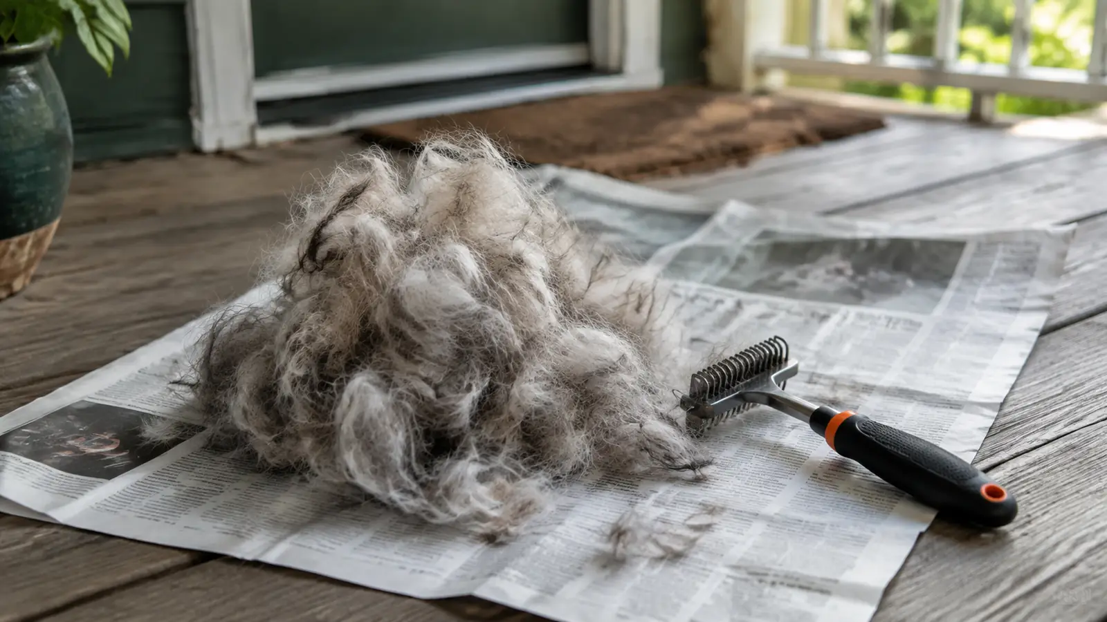 A tidy brushed pile of loose undercoat fur sitting on a newspaper next to a grooming rake on a porch, in soft daylight
