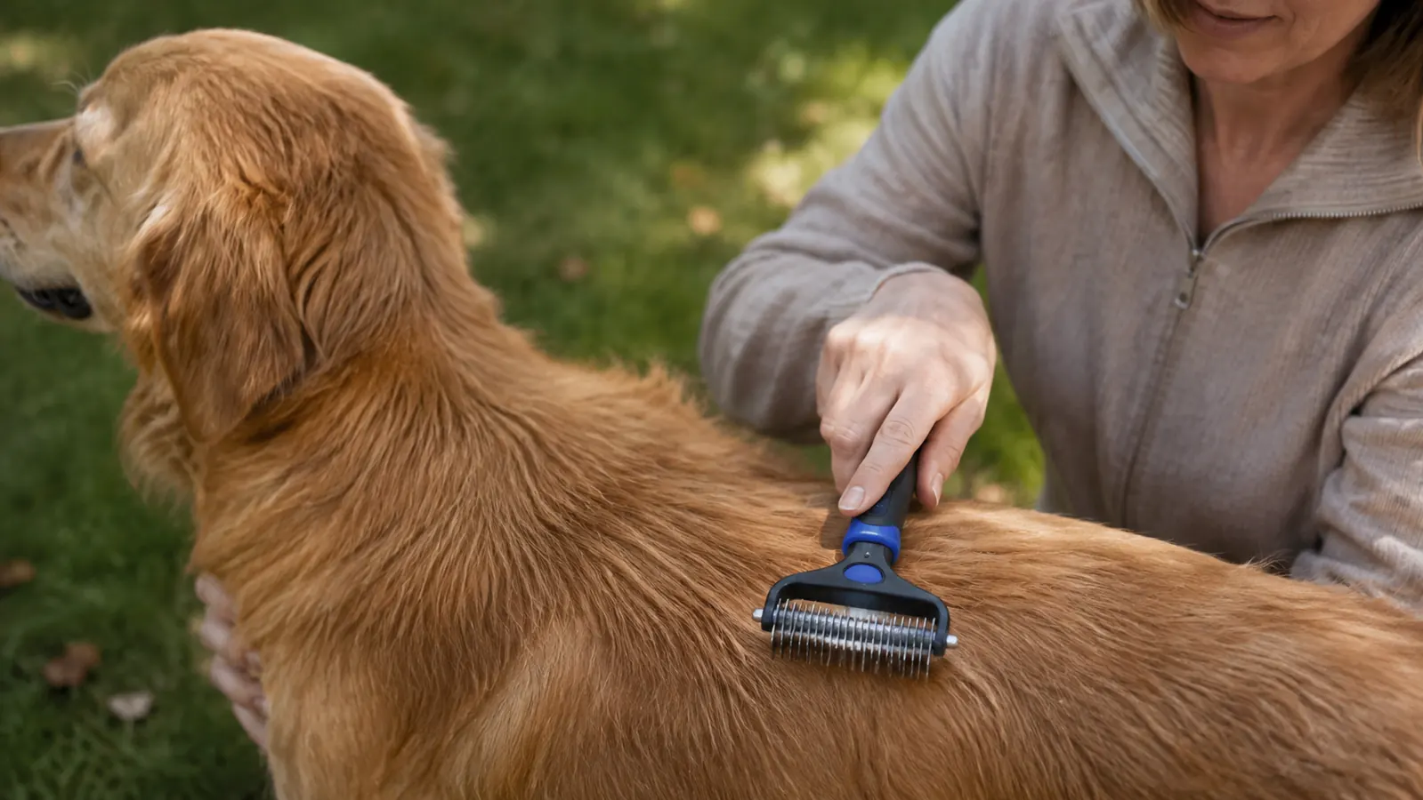A hand working a wide double-sided grooming rake through a dog's back fur