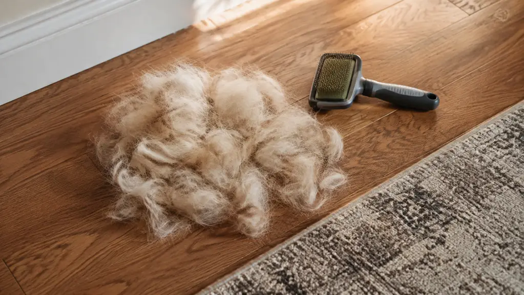 A modest pile of swept-up shed fur on a wooden floor beside a brush