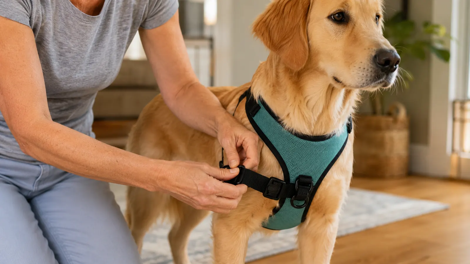 A handler's hands adjusting the chest strap of a padded dog harness while the dog stands calmly at their side.
