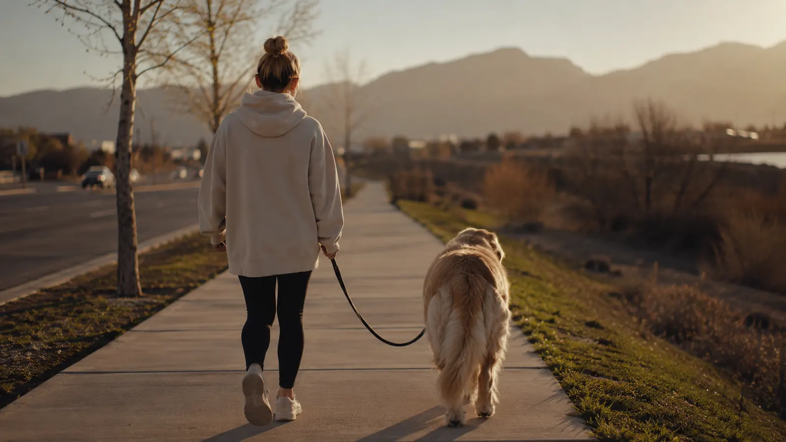 Back view of a person and a large dog on a flat sidewalk, the leash between them held in a relaxed loose loop, soft late afternoon light