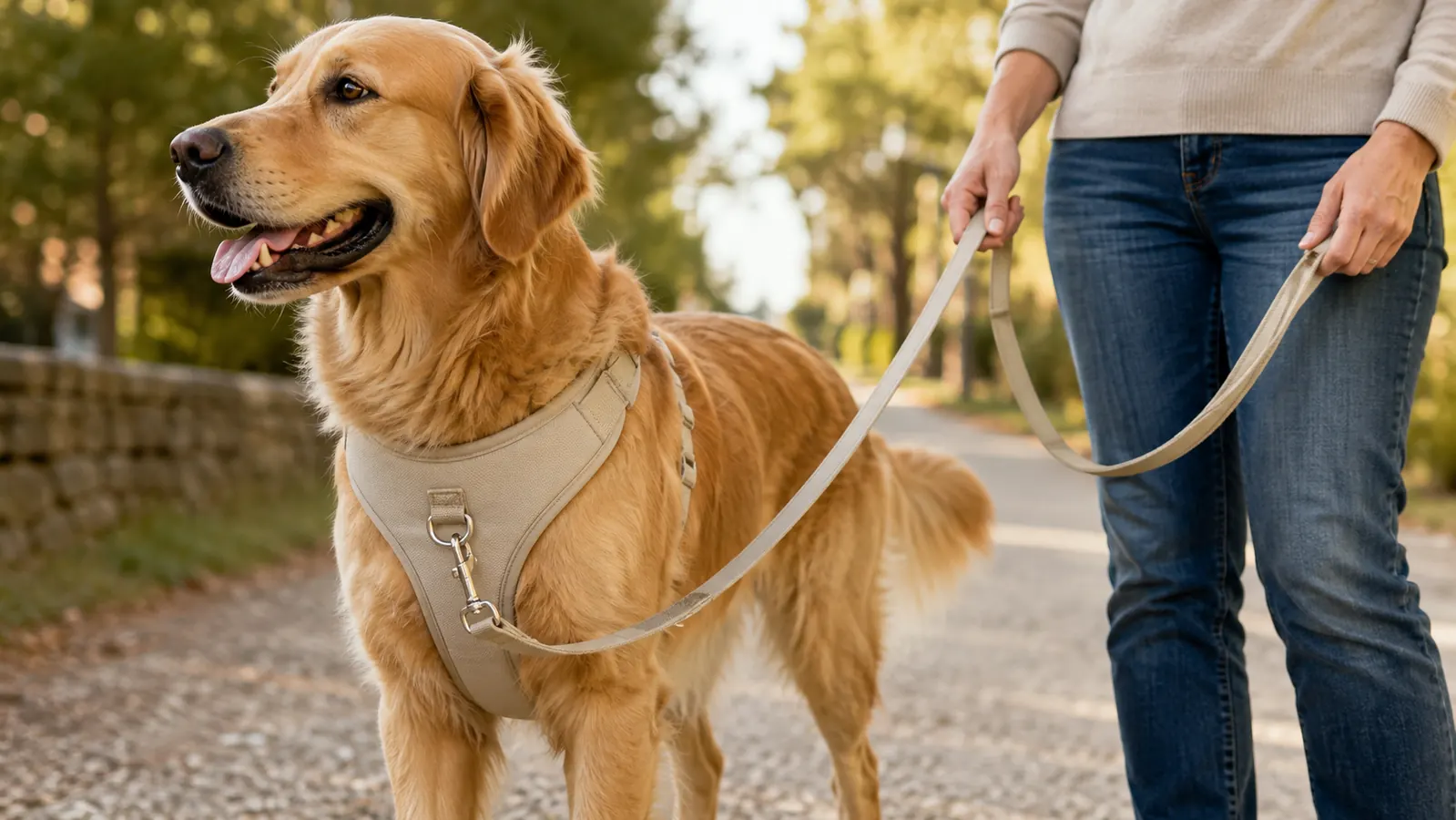 A close view of a padded dog harness with the leash clipped to the front ring, worn by a dog standing still during a walk