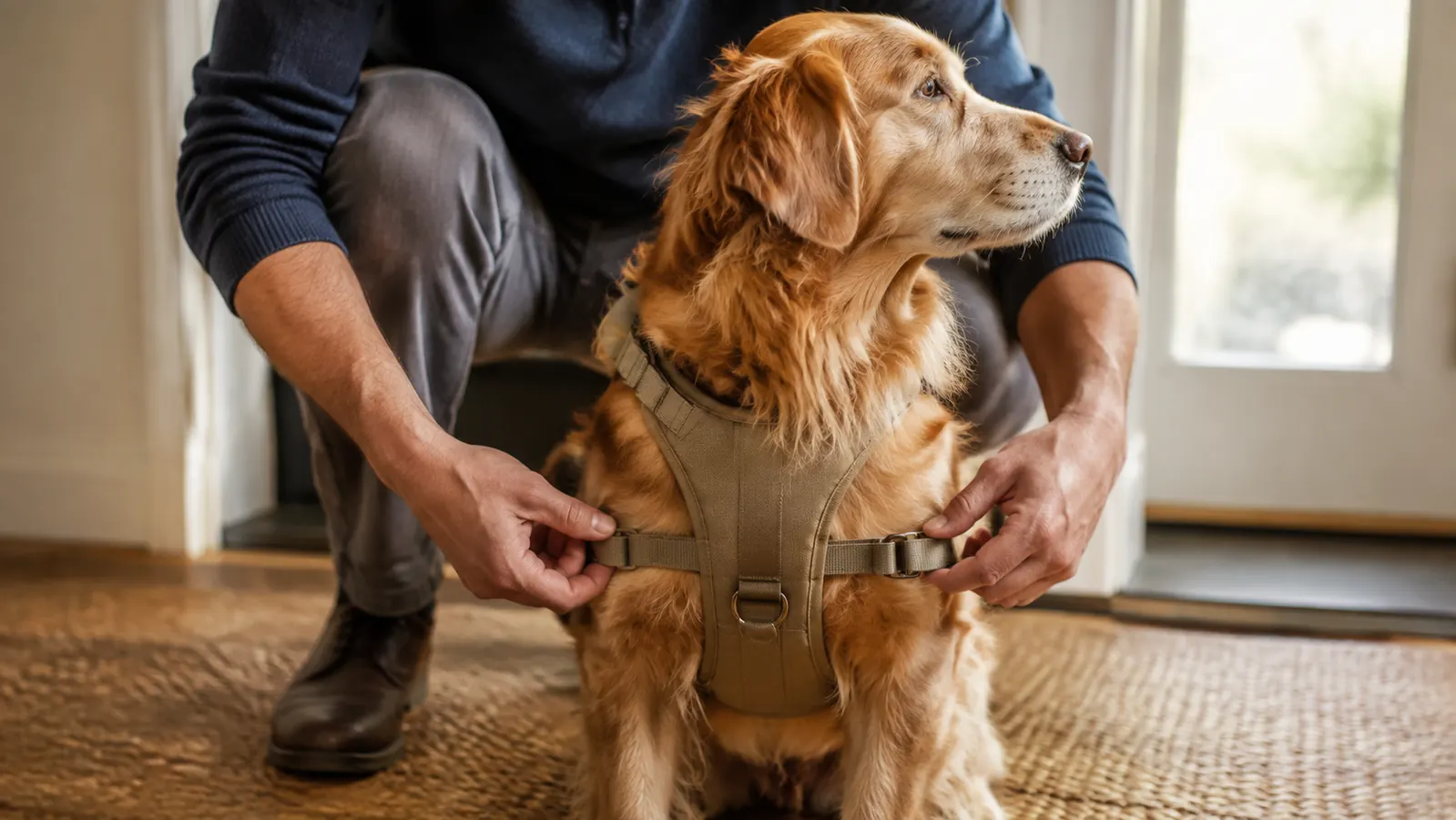 A person's hands reaching around a standing dog to fasten and adjust the side buckles of a harness before a walk