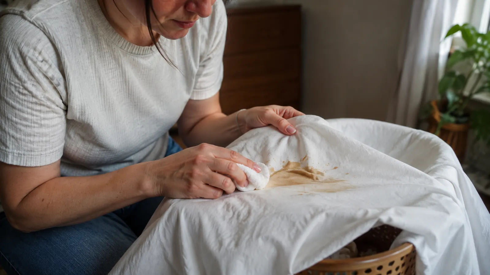 A person dabbing a cleaner into a section of bedding with a cloth, the fabric spread across a laundry basket