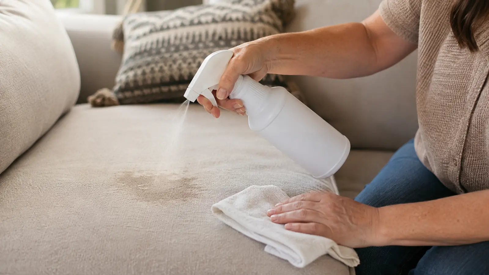 A hand holding a spray bottle and spritzing a pale stain on upholstery, a clean rag lying beside it