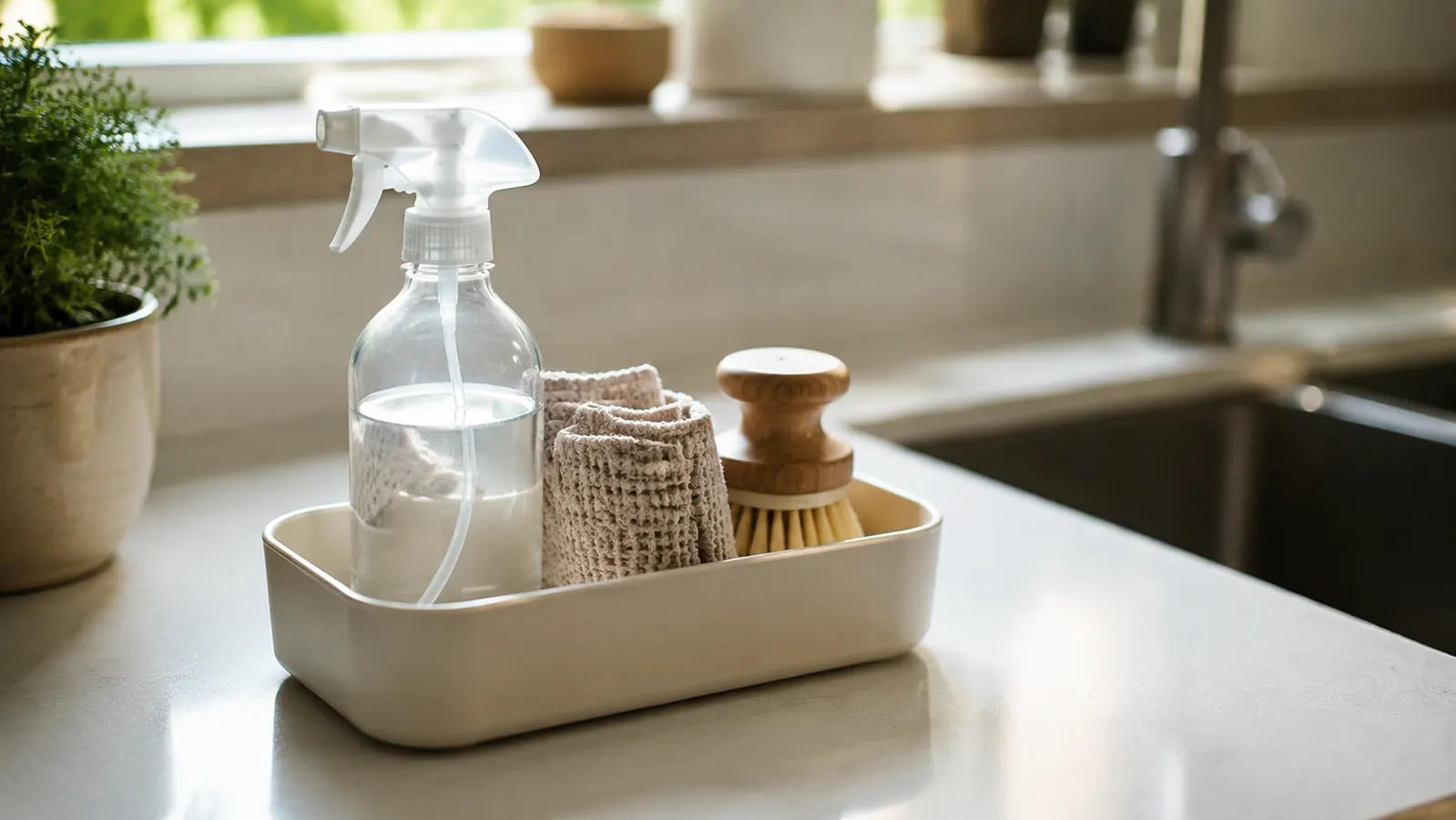 A small cleaning caddy holding a spray bottle, a folded cloth and a scrub brush on a kitchen counter
